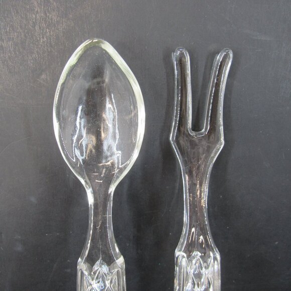 Vintage Anchor Hocking Wexford Pressed Glass Diamond Pattern Salad Serving Set - Picture 2 of 6